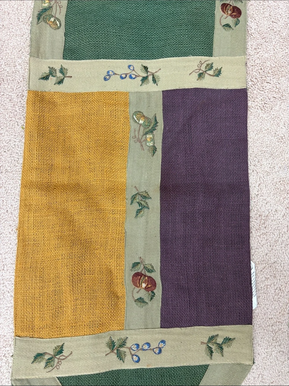 Pier 1 Import Y2K VTG Macintosh Patchwork Burlap Table Runner 14x72 Fall Autumn